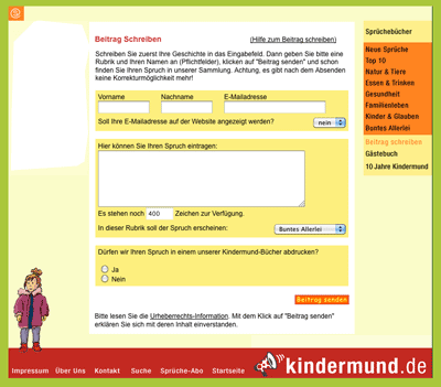 Screenshot der Seite »Beitrag schreiben« von www.kindermund.de
